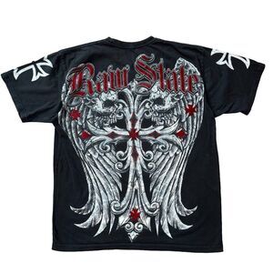 VTG Y2K Raw State Premium T-Shirt Sz L Black Affliction Goth Cross Wings Skulls